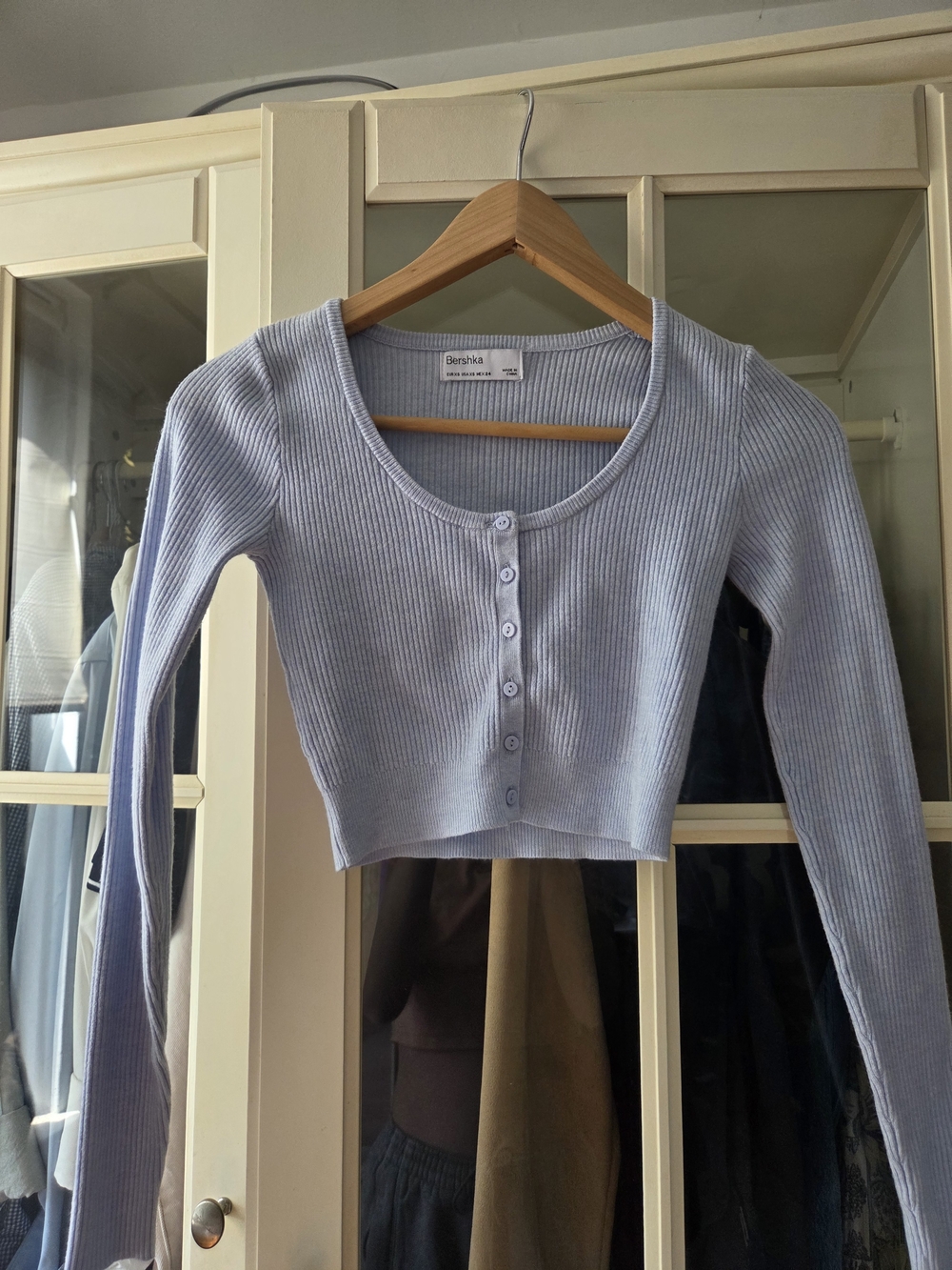 Bershka Light Blue Ribbed Cropped Button-Up Cardigan
